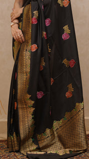 Black Banaras Silk Saree with Zari Border and Multi Buttis