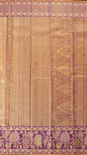 Gold Kanchipuram Saree with Purple Border and Cross Lines