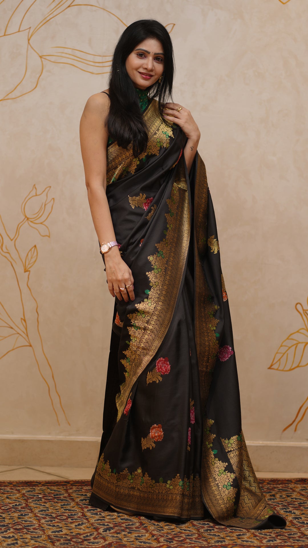 Black Banaras Silk Saree with Zari Border and Multi Buttis