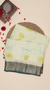 Pista Green Crepe Silk Saree – Bottle Green Contrast Border with Gold & Silver Zari | Vaarahi Silks