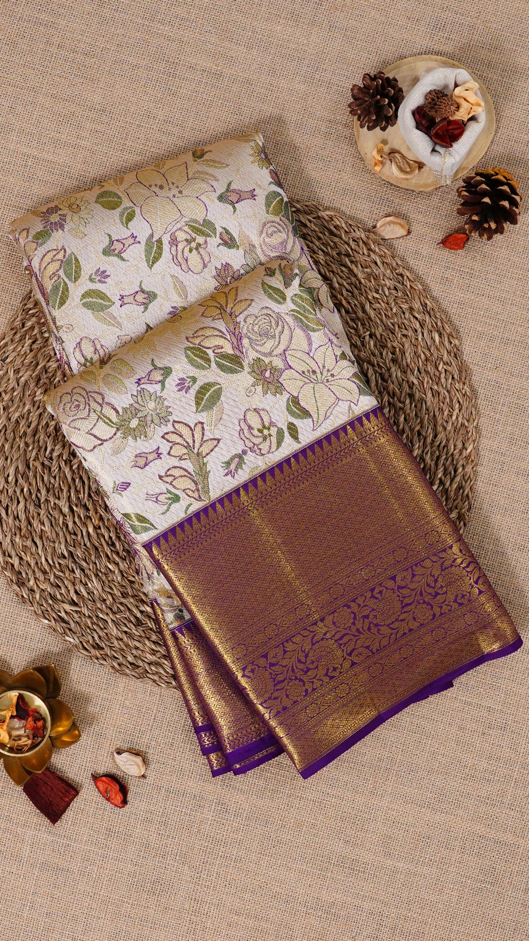 Off-White and Purple Kanchipuram Saree with Brocade Pallu