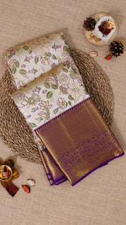 Off-White and Purple Kanchipuram Saree with Brocade Pallu
