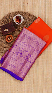 Bright Orange Kanchipuram Saree with Silver Zari Border