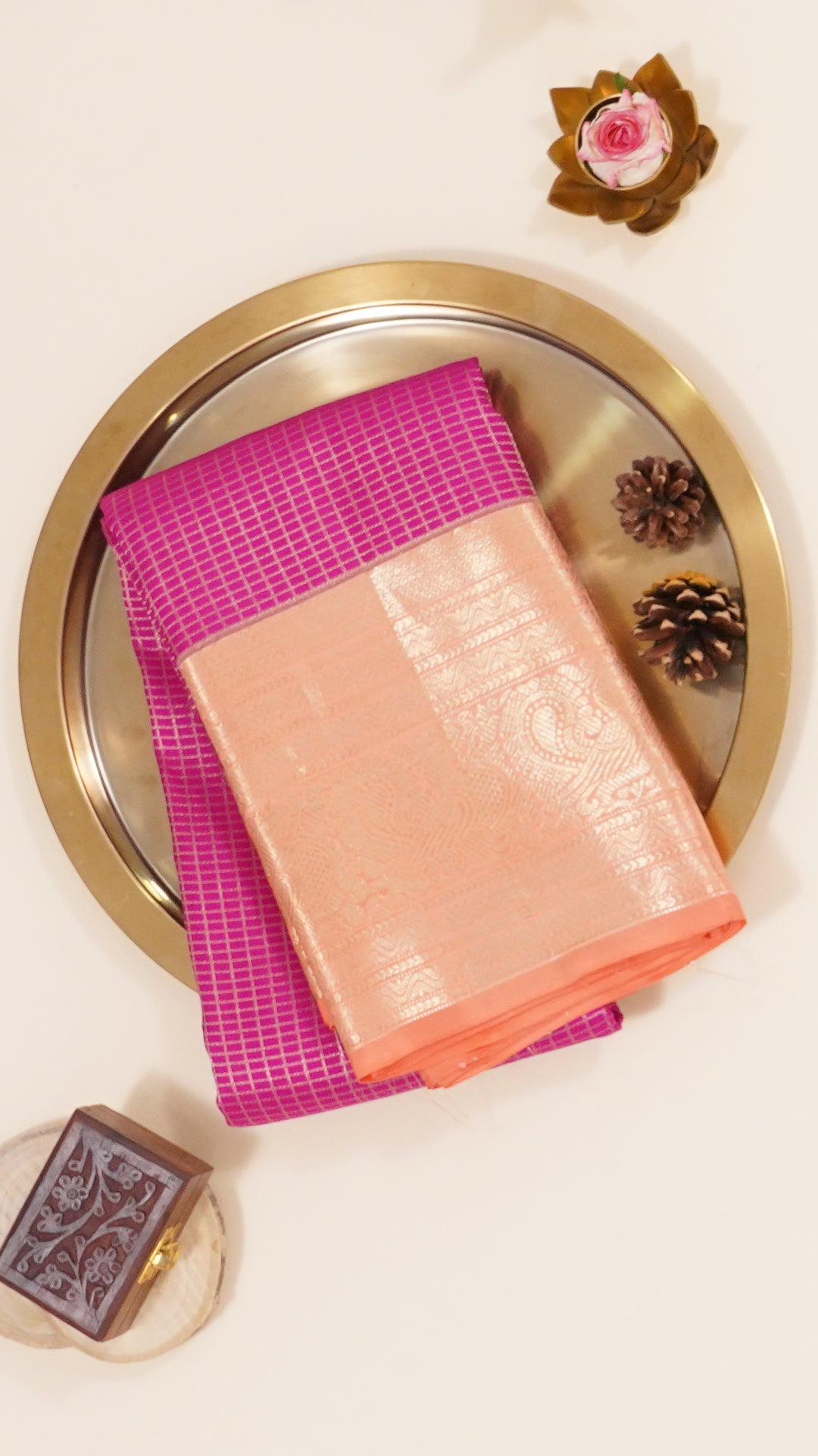 Magenta Kanchi Pattu Silk Saree with Large Gold Contrast Zari Border and Checks