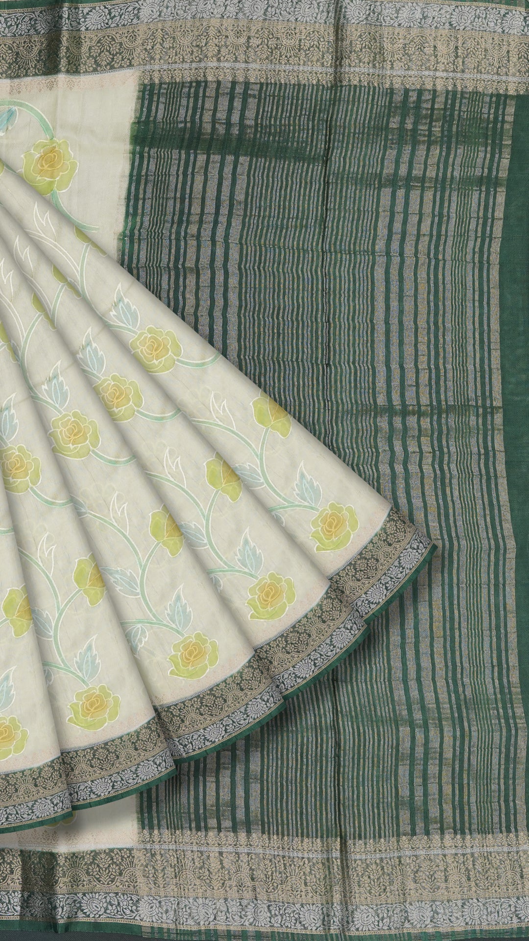 Pista Green Crepe Silk Saree – Bottle Green Contrast Border with Gold & Silver Zari | Vaarahi Silks