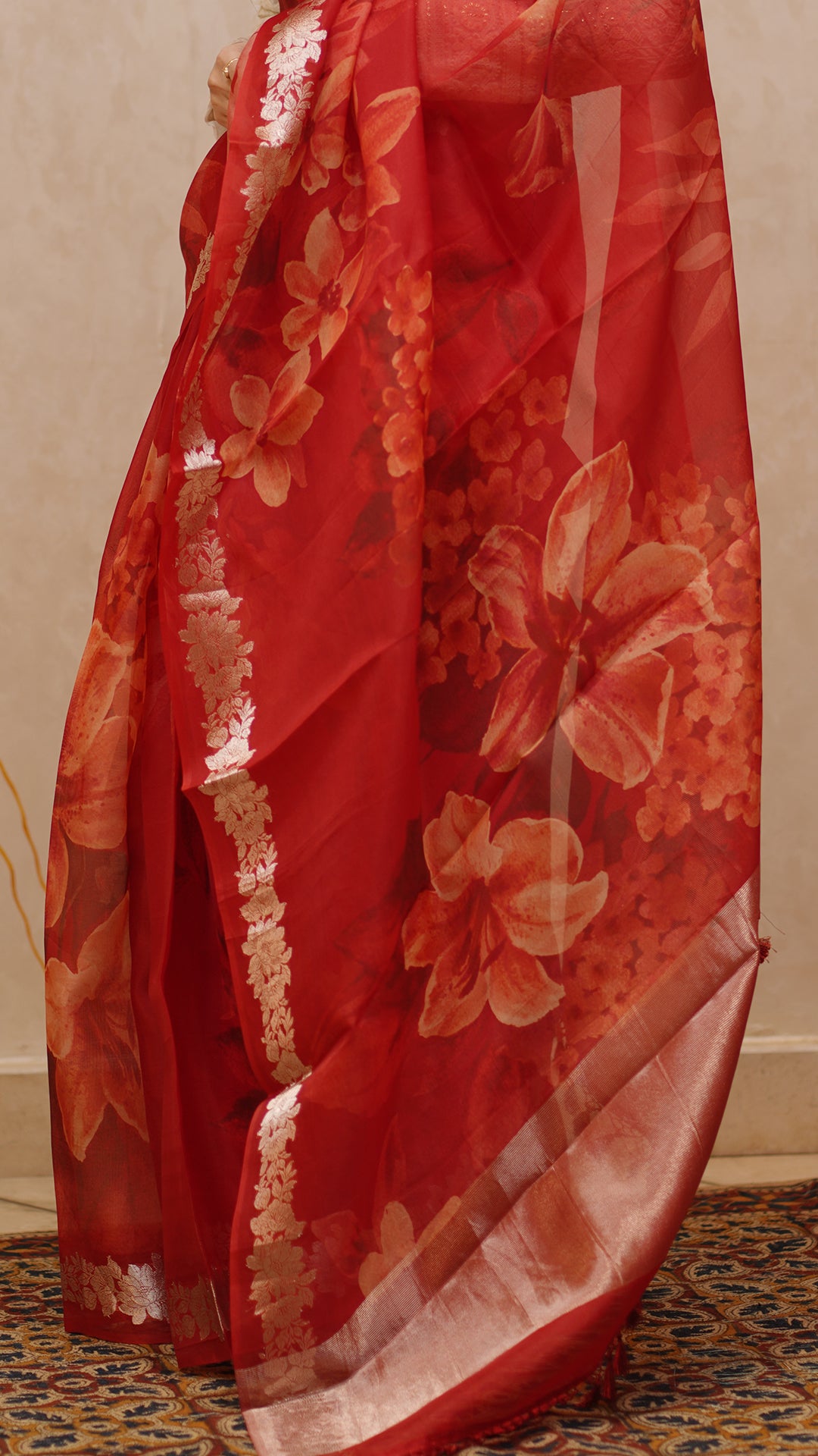 Red Organza Saree with All-Over Floral Digital Print