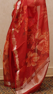 Red Organza Saree with All-Over Floral Digital Print