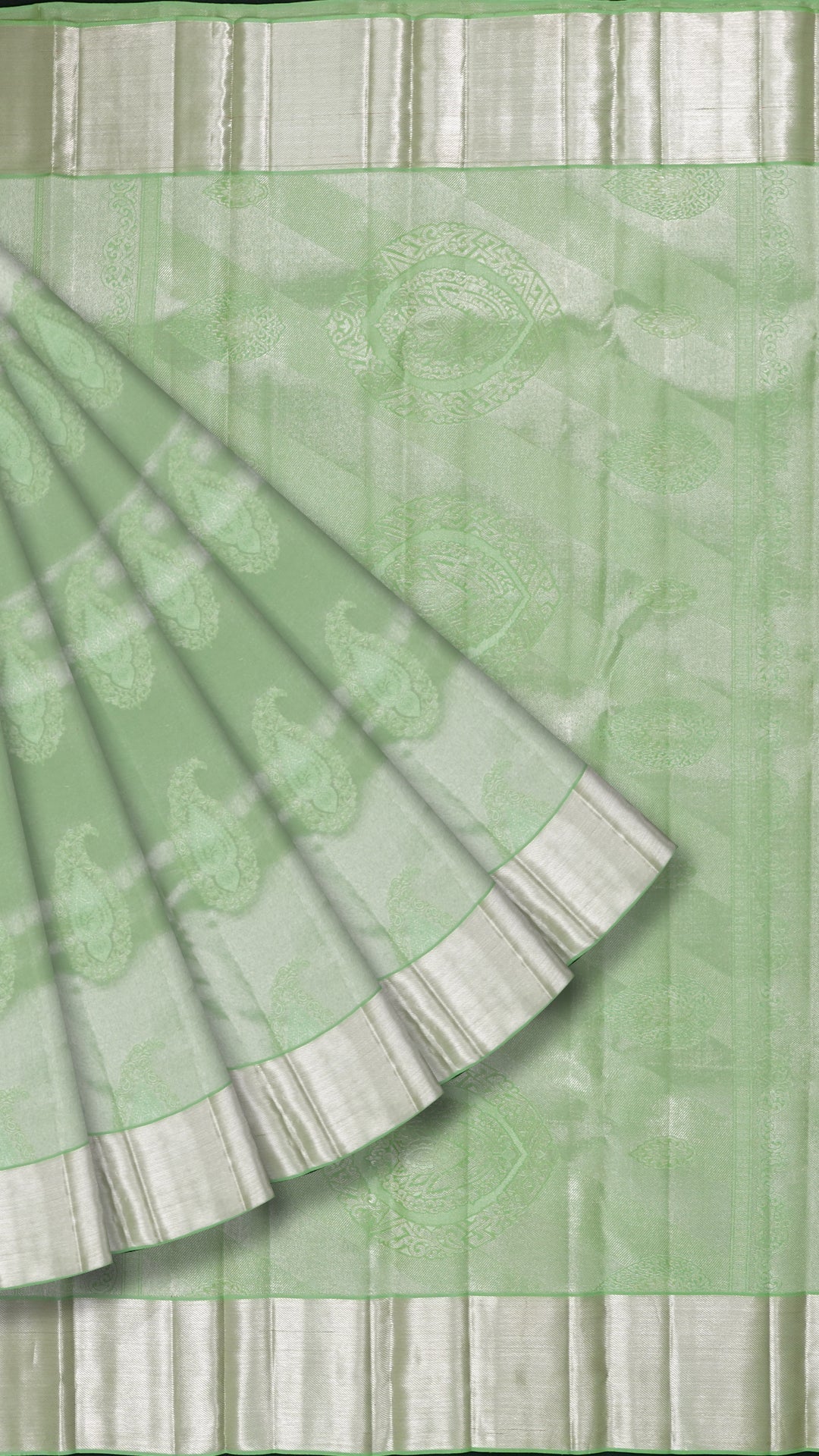 Sea Green Kanchi Pattu Saree with Silver Butta Detailing