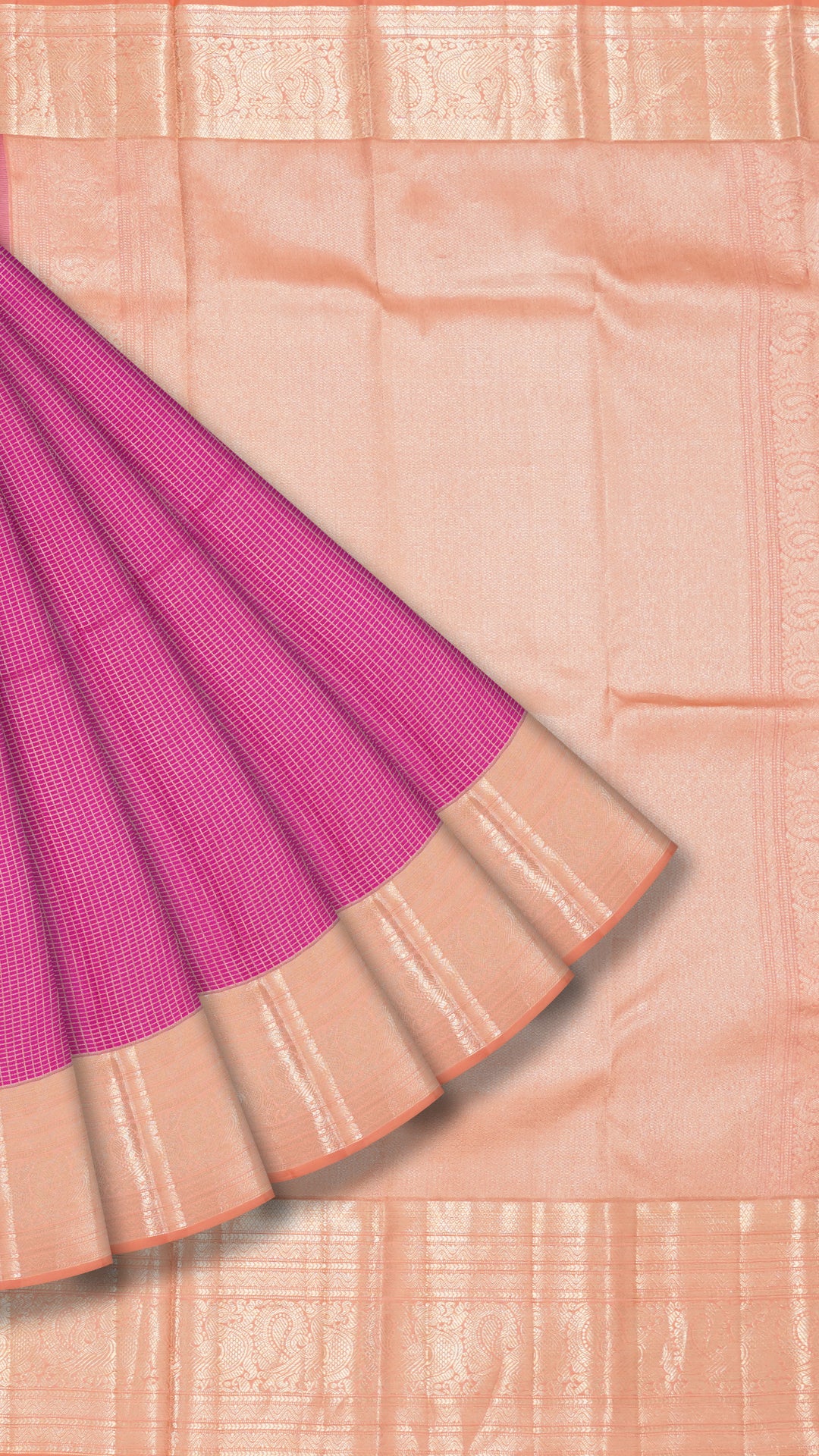Magenta Kanchi Pattu Silk Saree with Large Gold Contrast Zari Border and Checks