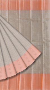 Kanchipuram Tissue Checks Saree – Peach Contrast Border Bridal Pattu
