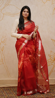 Red Organza Saree with All-Over Floral Digital Print