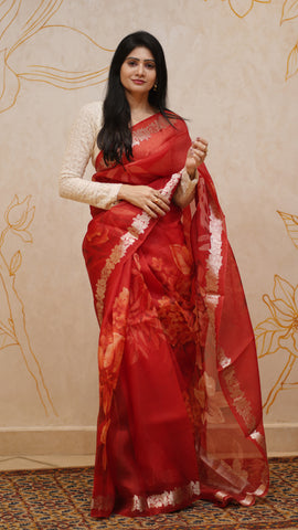 Red Organza Saree with All-Over Floral Digital Print