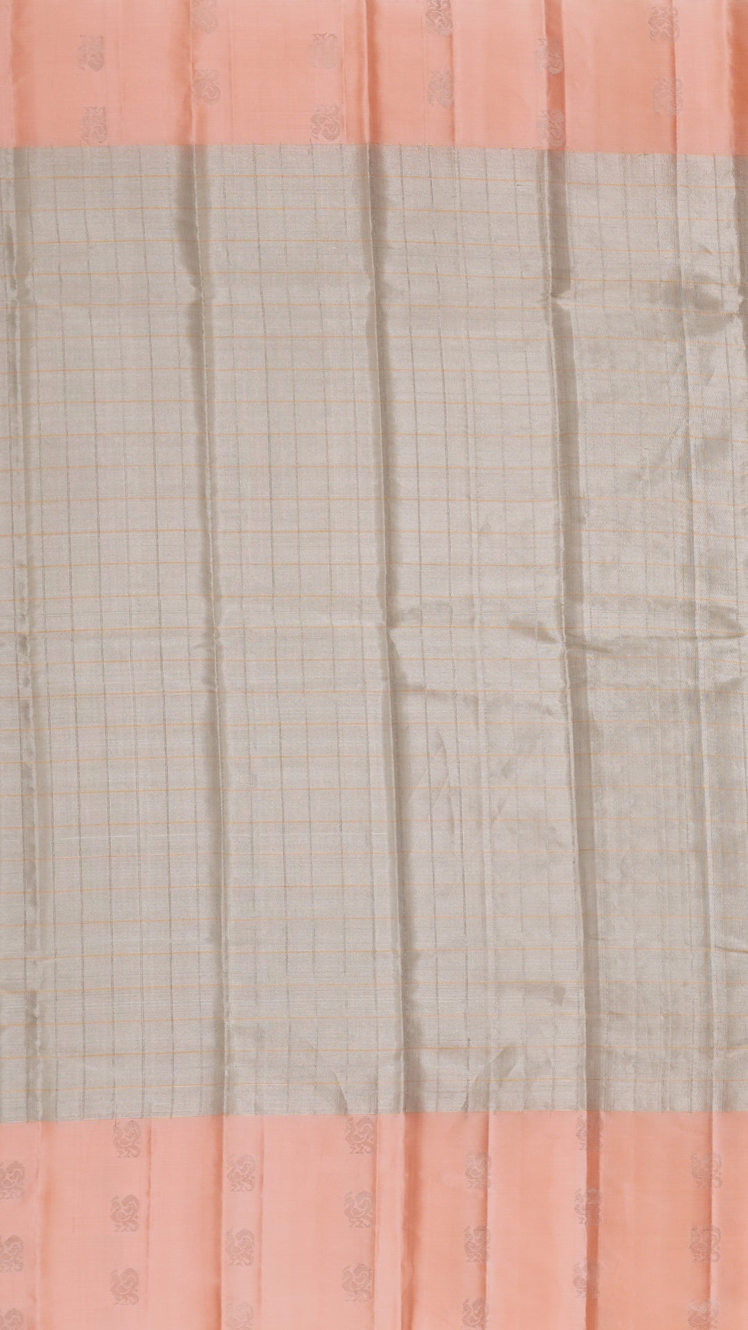 Kanchipuram Tissue Checks Saree – Peach Contrast Border Bridal Pattu