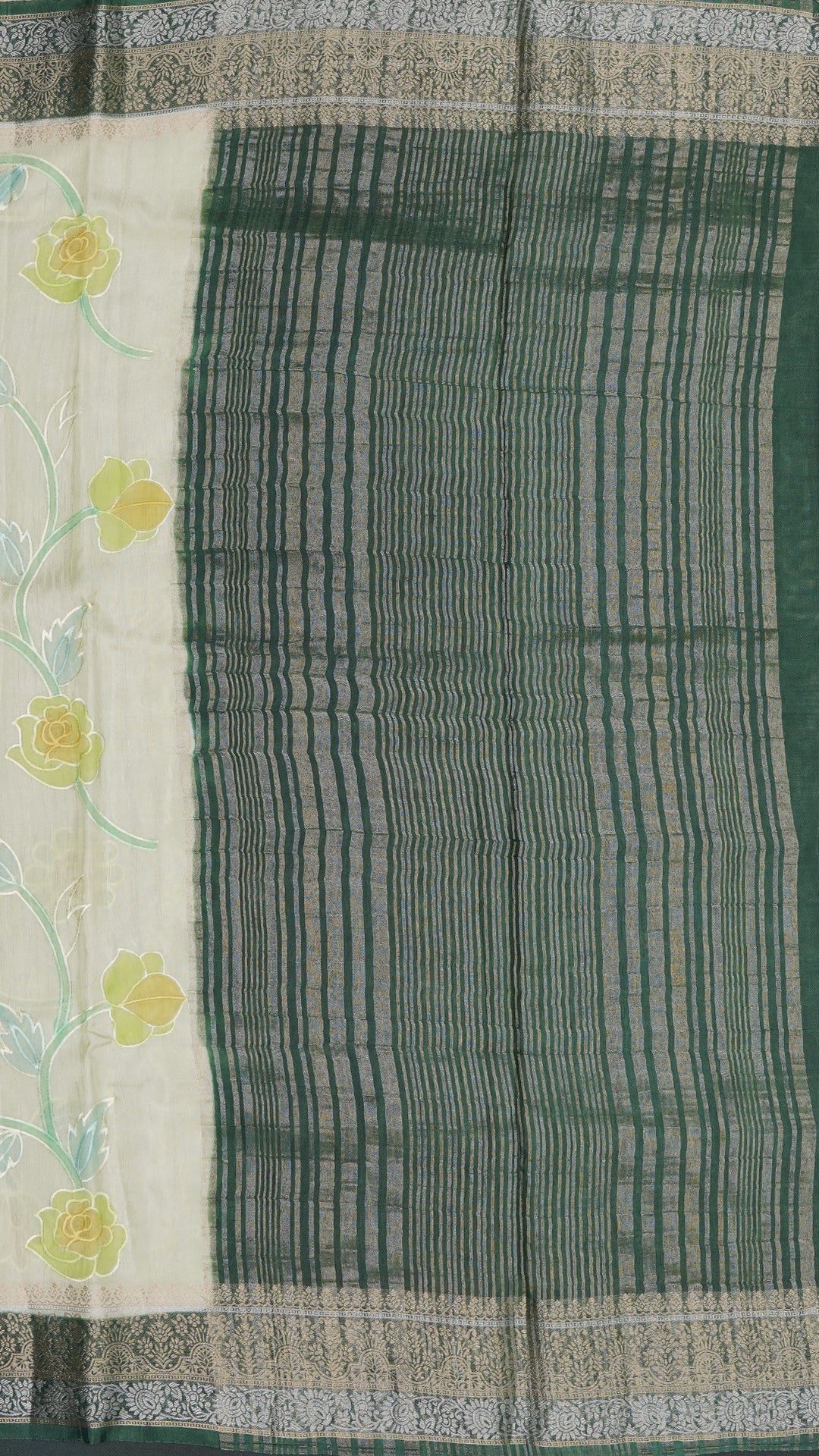 Pista Green Crepe Silk Saree – Bottle Green Contrast Border with Gold & Silver Zari | Vaarahi Silks