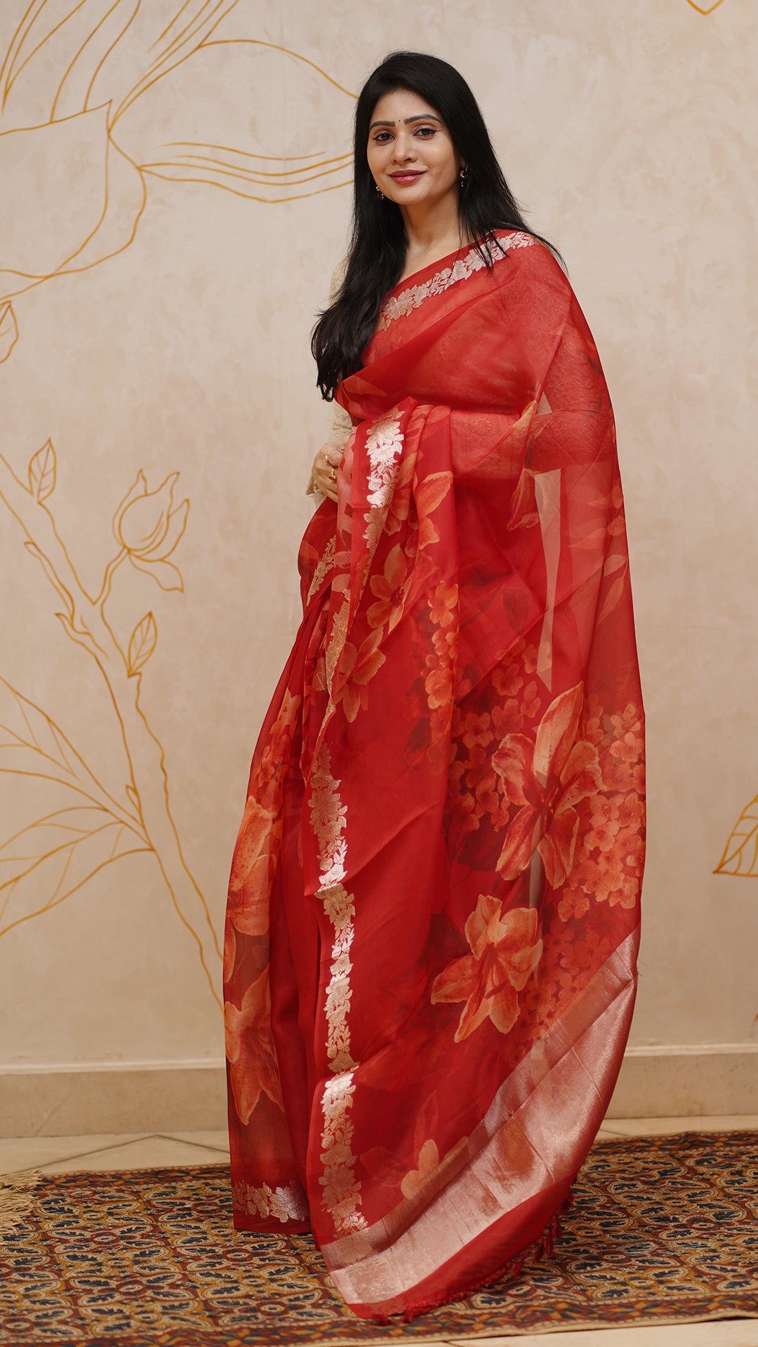 Red Organza Saree with All-Over Floral Digital Print