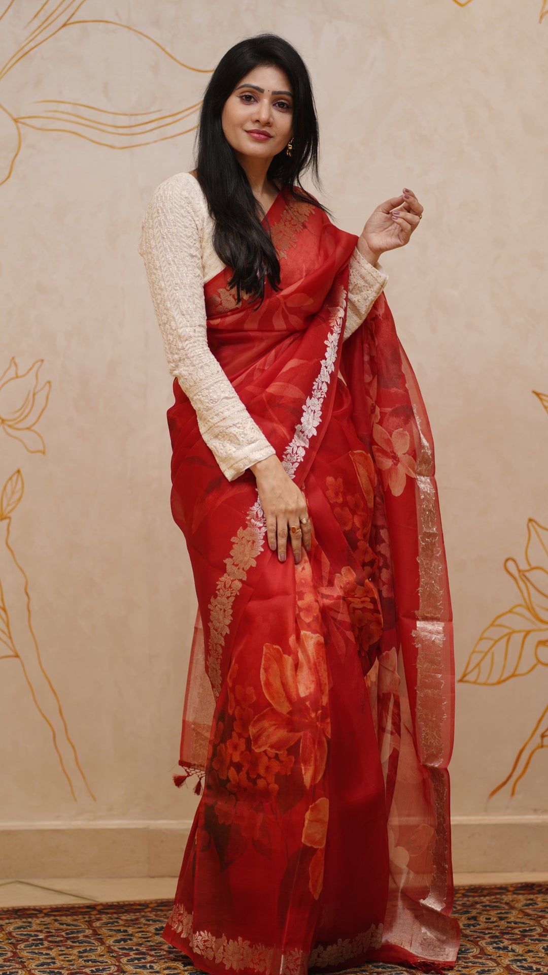 Red Organza Saree with All-Over Floral Digital Print