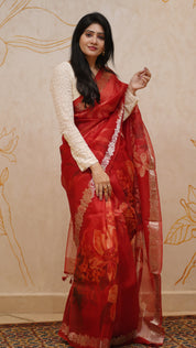 Red Organza Saree with All-Over Floral Digital Print