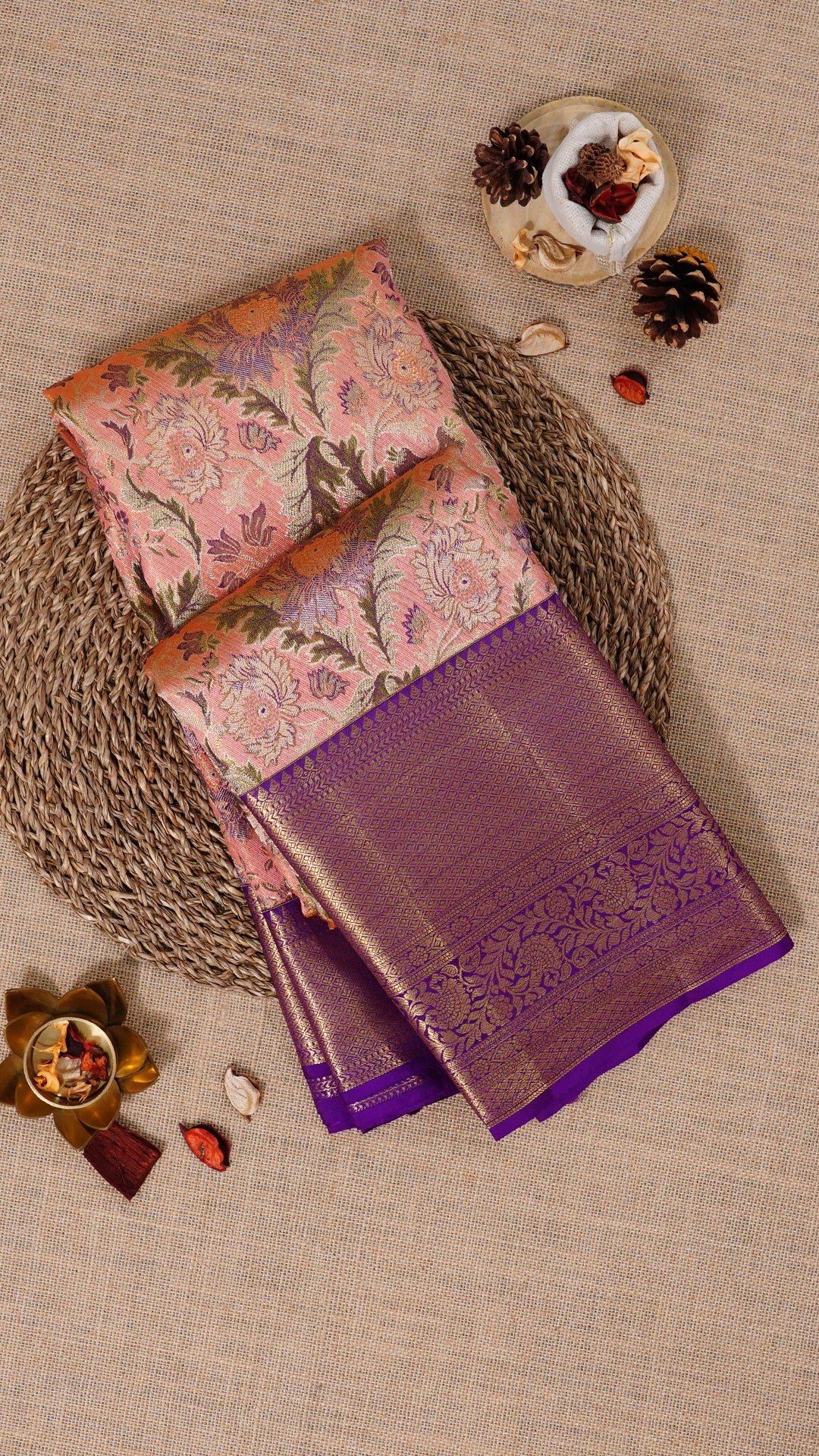 Peach Pink Silk Saree with Purple Brocade and Designer Zari