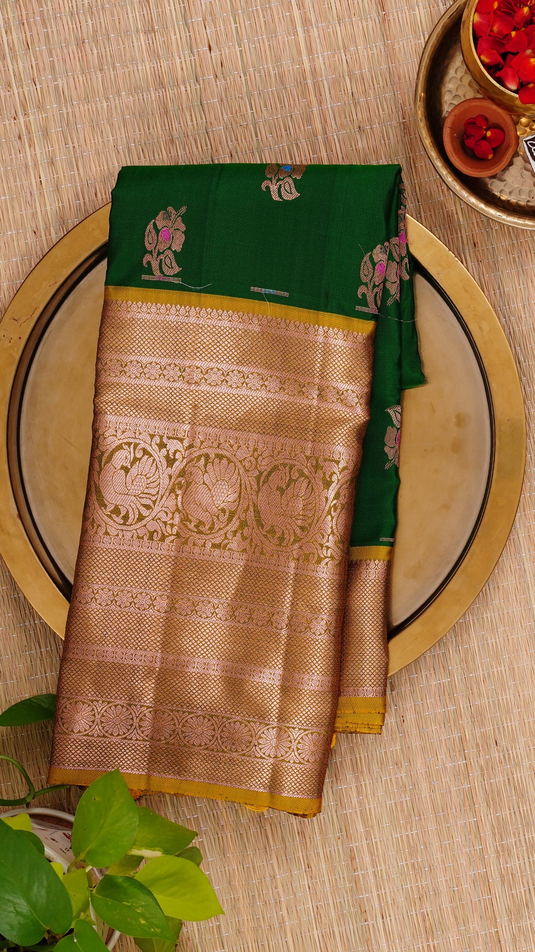 Dark Green Kanchipuram Saree with Mustard Yellow Contrast