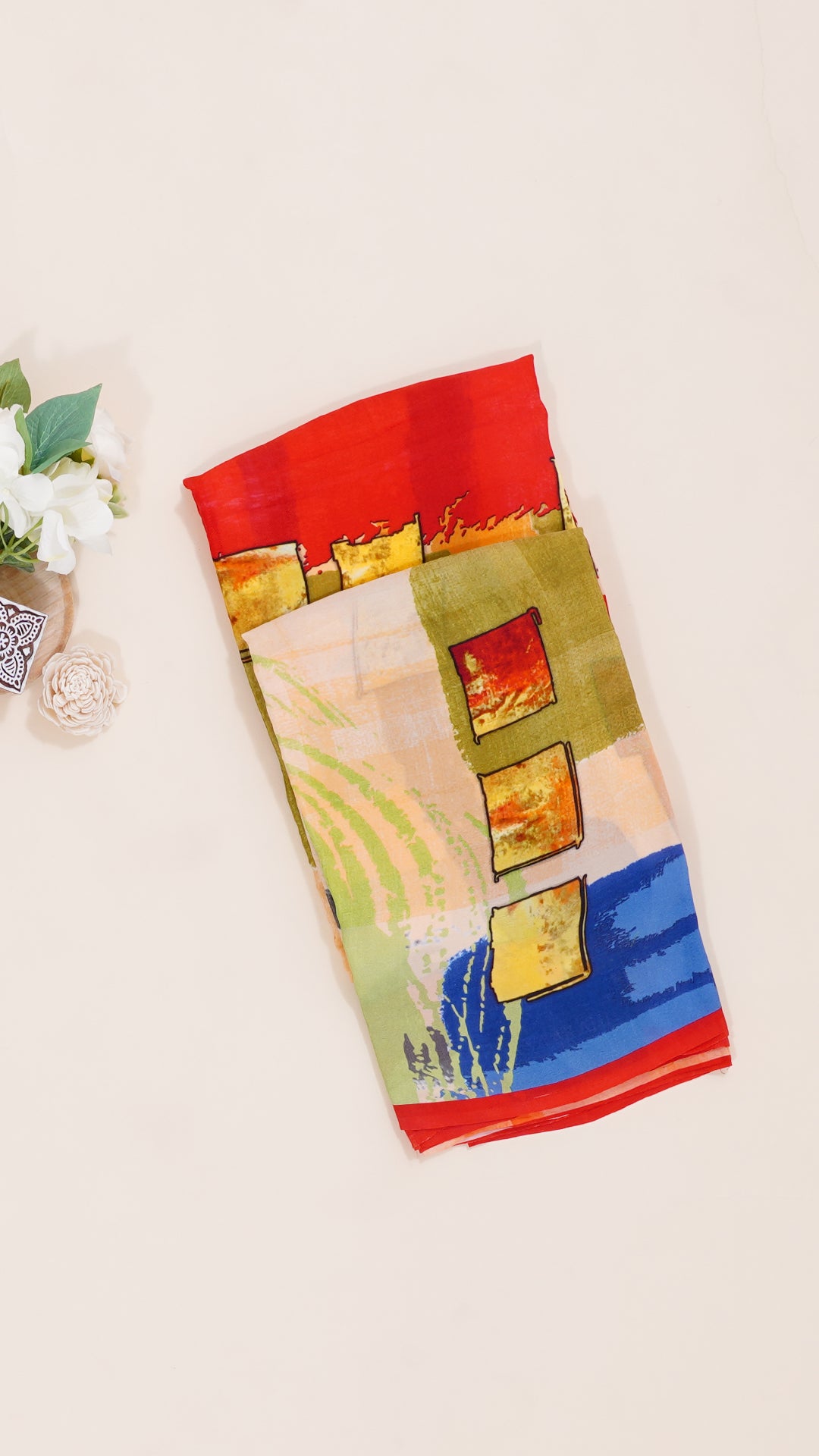 Red & Multicolor Crepe Silk Saree with Abstract Designs