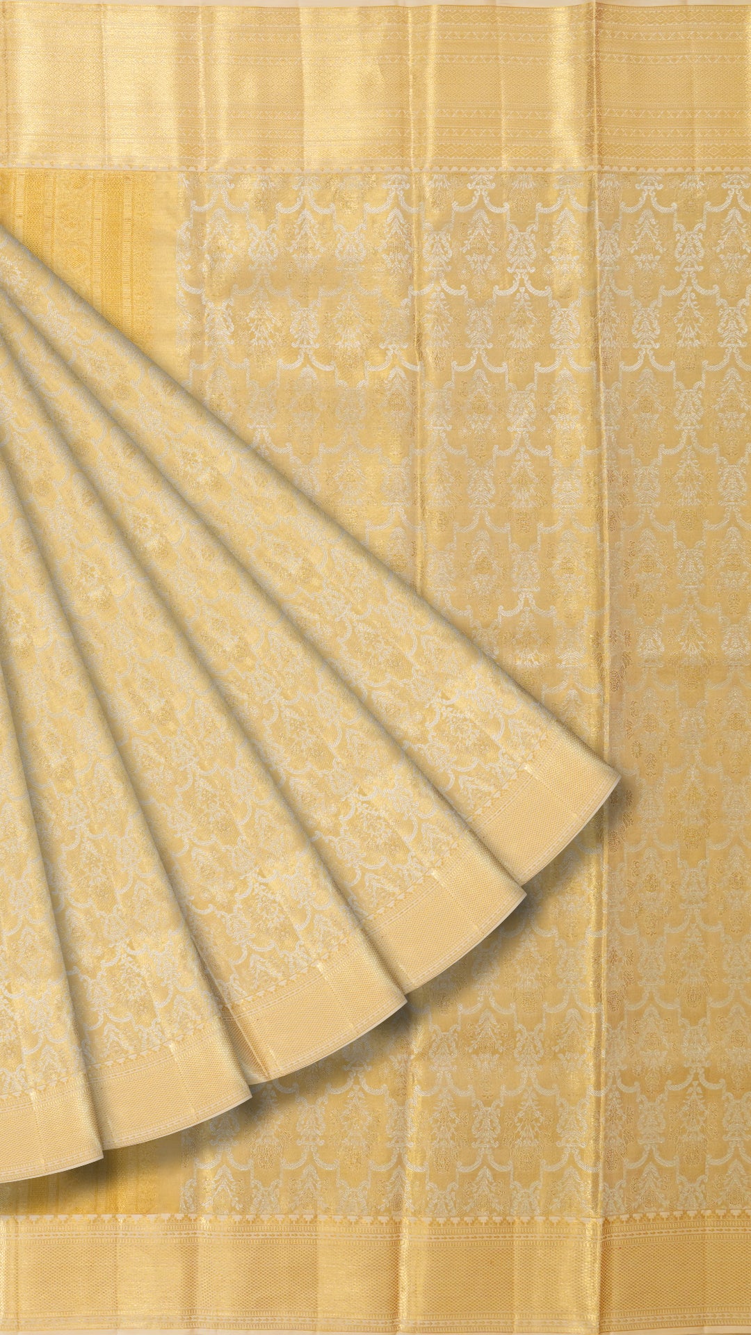 Gold Kanchipuram Saree with Silver & Gold Zari and Off-White Border