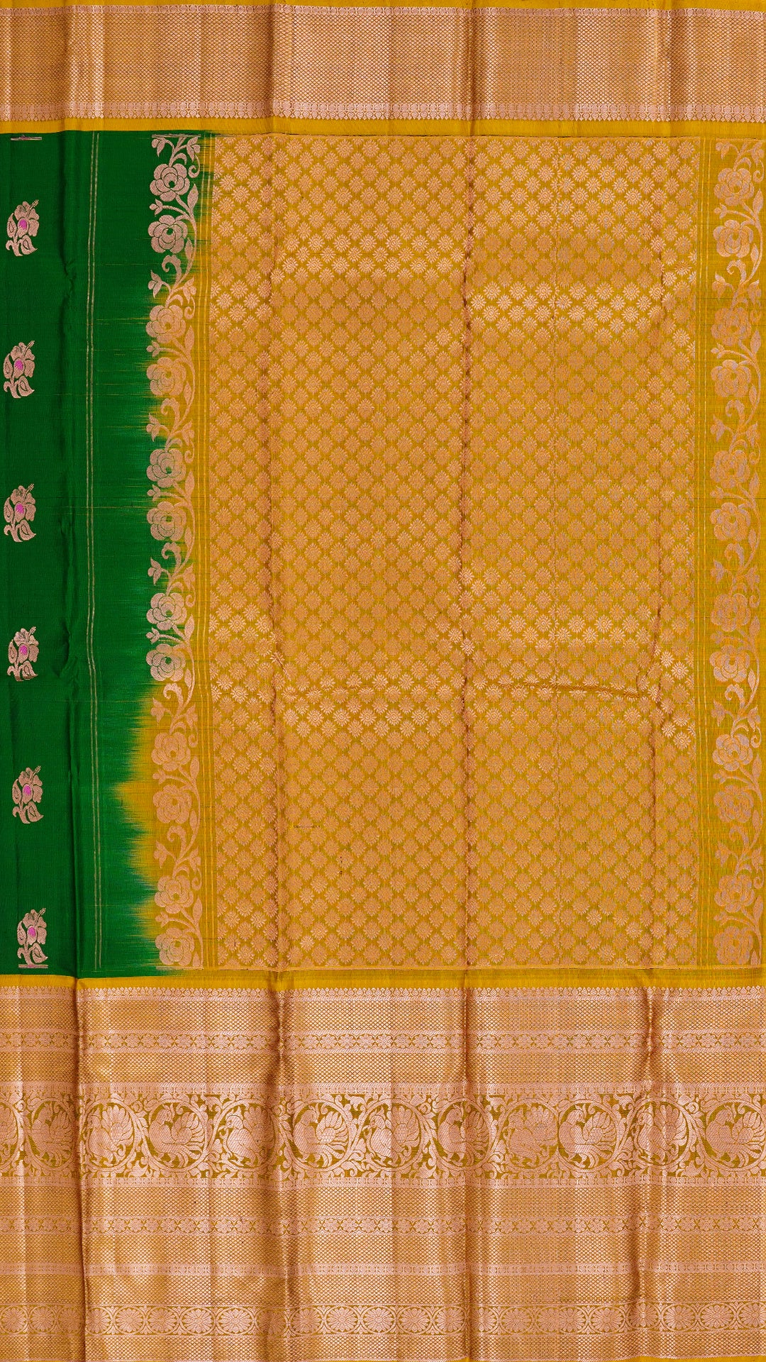 Dark Green Kanchipuram Saree with Mustard Yellow Contrast