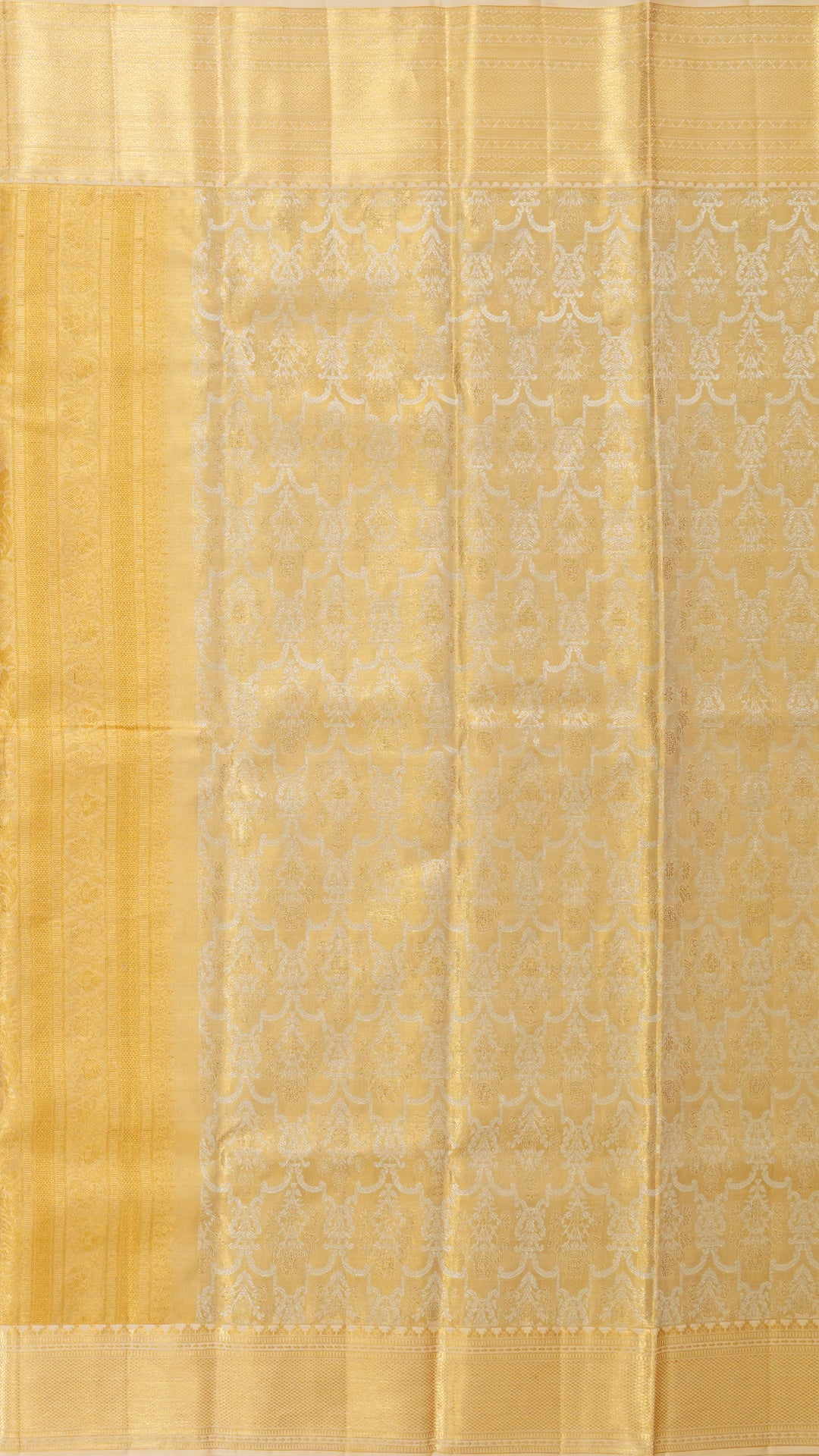 Gold Kanchipuram Saree with Silver & Gold Zari and Off-White Border