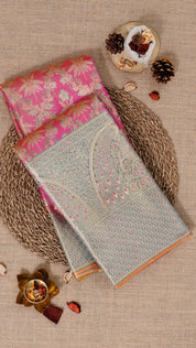 Rose Pink Kanchi Pattu Saree with Olive Green Contrast Border