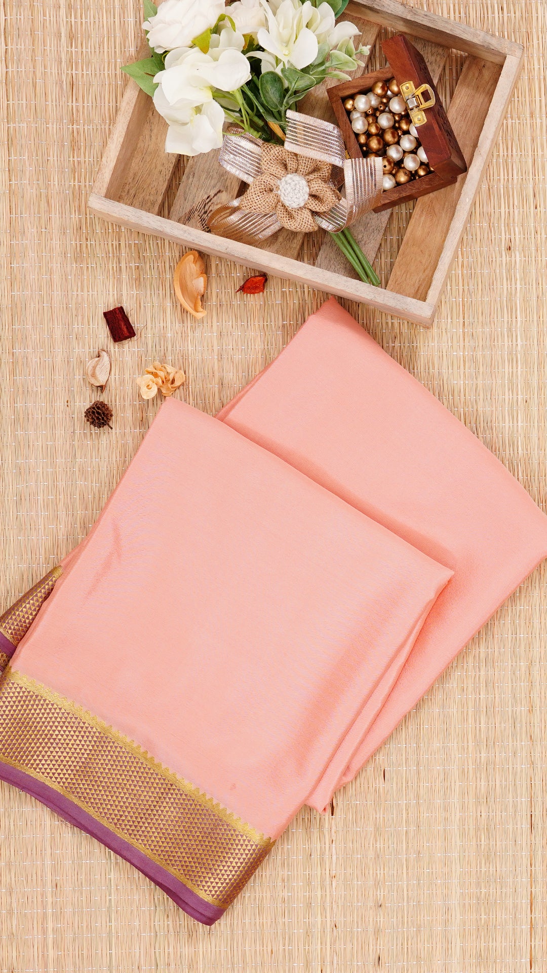 Light Peach Crepe Saree with Contrast Zari Border