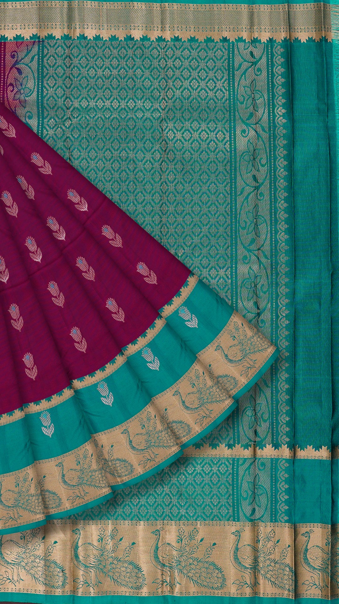 Magenta Kanchipuram Saree with Rama Green Contrast