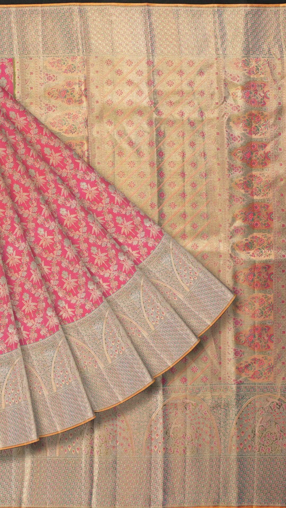Rose Pink Kanchi Pattu Saree with Olive Green Contrast Border