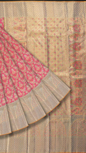 Rose Pink Kanchi Pattu Saree with Olive Green Contrast Border