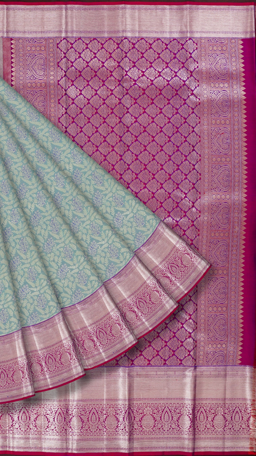 Turquoise and Magenta Kanchipuram Silk Saree with Silver Zari Border | Kanchi Pattu Saree Collection
