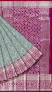 Turquoise and Magenta Kanchipuram Silk Saree with Silver Zari Border | Kanchi Pattu Saree Collection