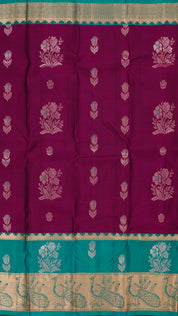 Magenta Kanchipuram Saree with Rama Green Contrast