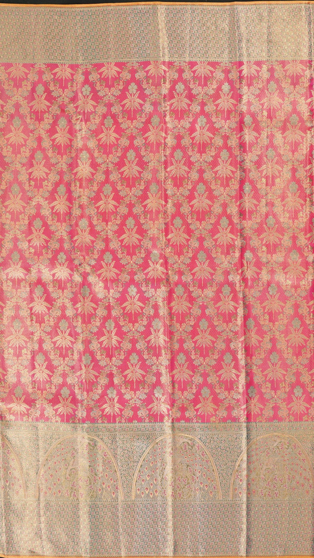 Rose Pink Kanchi Pattu Saree with Olive Green Contrast Border