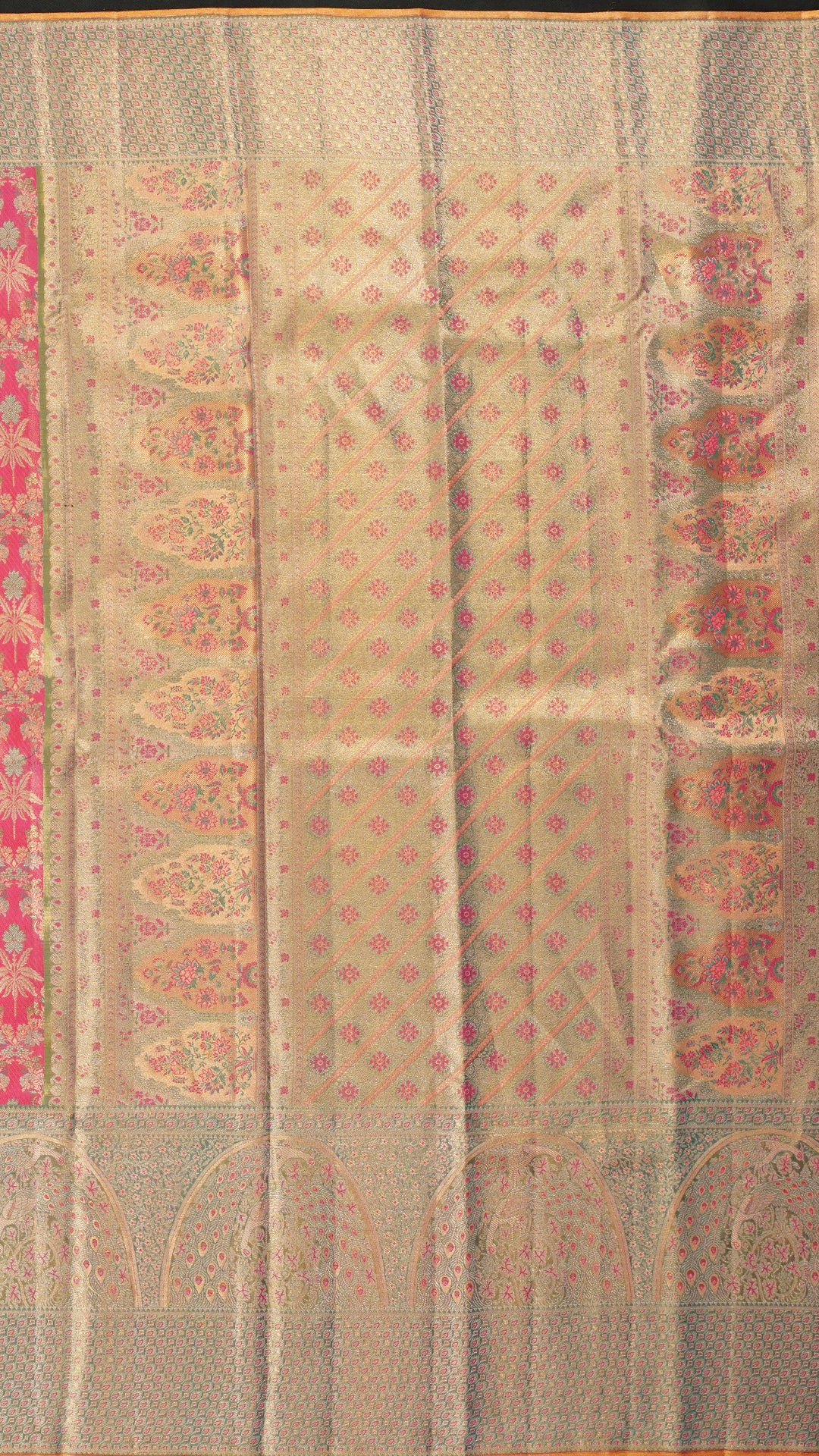 Rose Pink Kanchi Pattu Saree with Olive Green Contrast Border