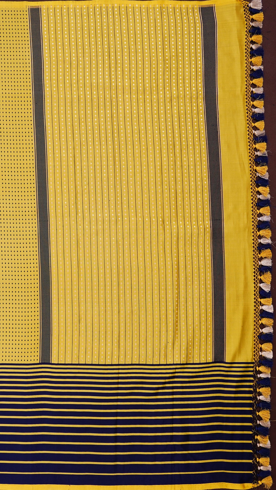 Mustard Banaras Saree with Big Navy Blue Horizontal Border