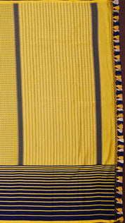 Mustard Banaras Saree with Big Navy Blue Horizontal Border