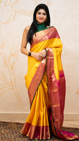 Yellow Kanchi Pattu Saree with Pink Zari Contrast Border