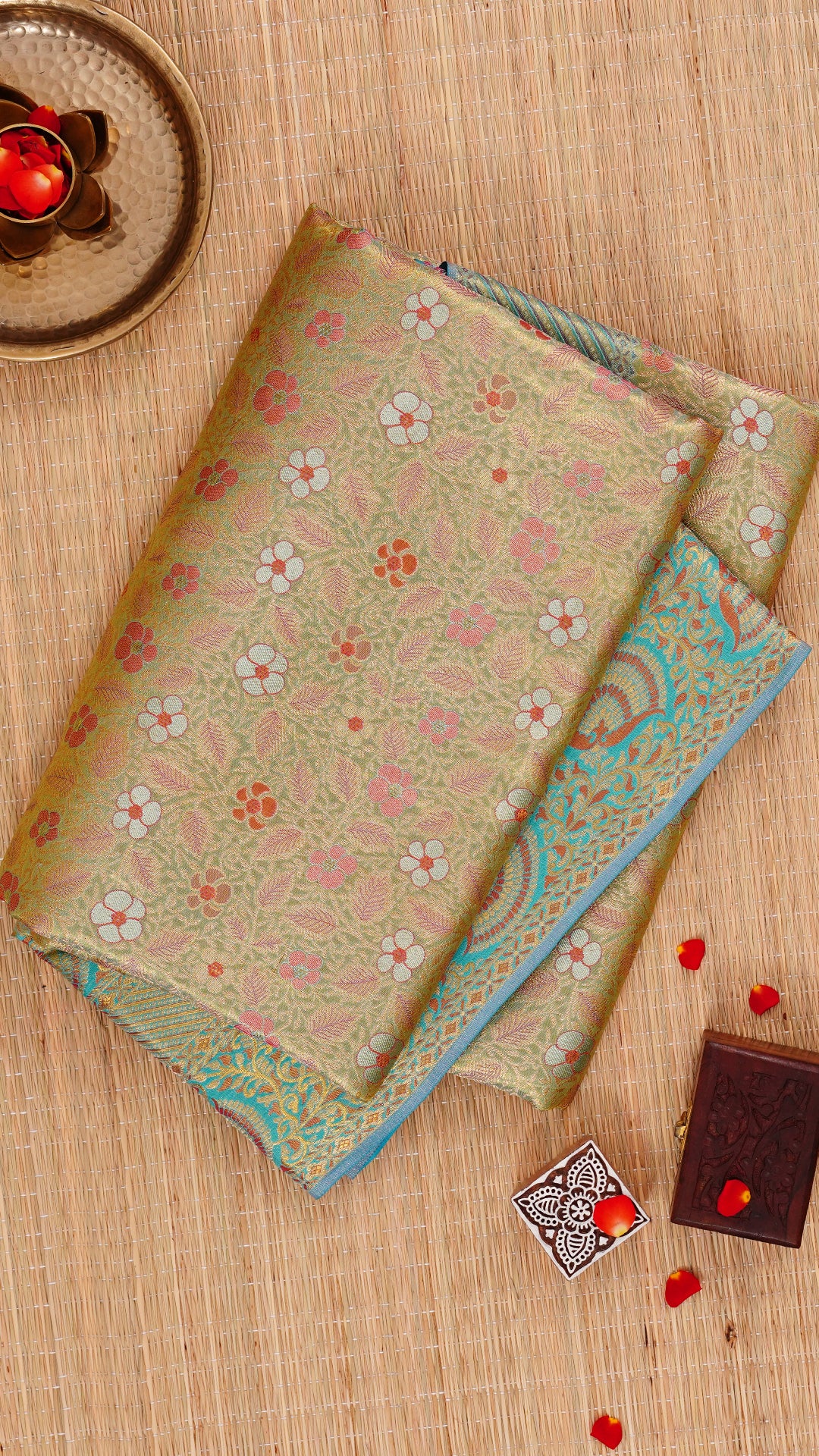 Pista Green Kanchipuram Saree with Sky Blue Contrast