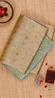 Pista Green Kanchipuram Saree with Sky Blue Contrast