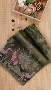 Olive Green Kora Saree with Designer Border