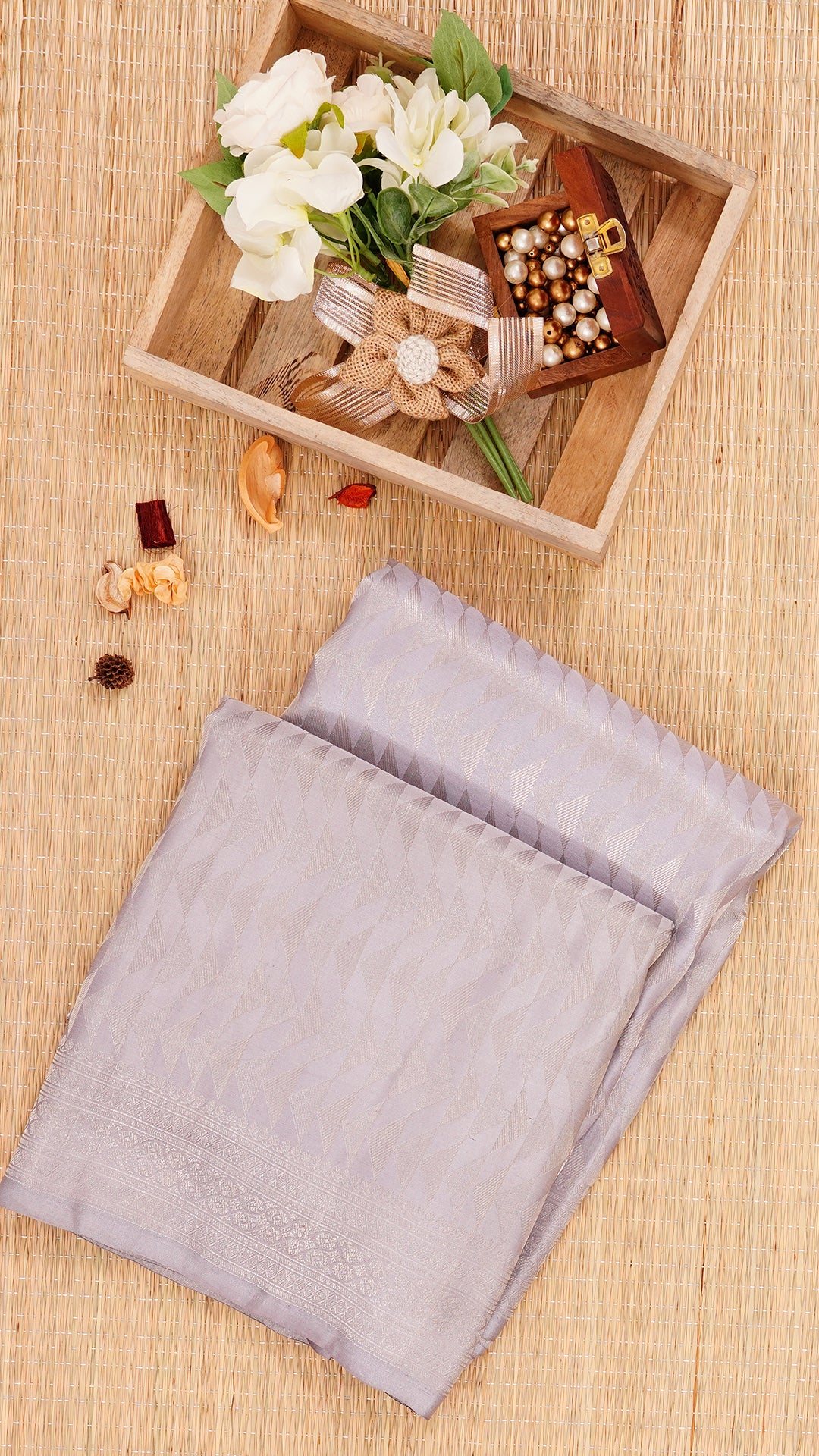 Lavender Grey Banaras Saree with Small Zari Border