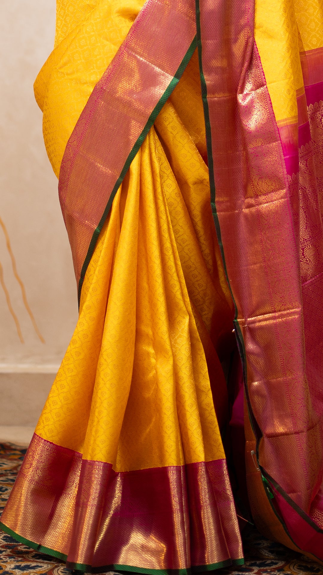 Yellow Kanchi Pattu Saree with Pink Zari Contrast Border