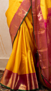 Yellow Kanchi Pattu Saree with Pink Zari Contrast Border