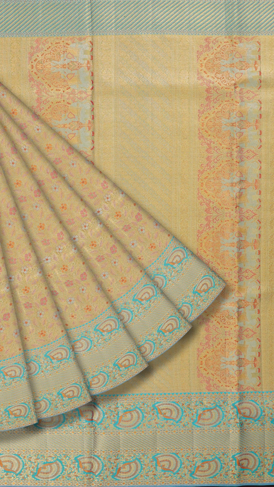 Pista Green Kanchipuram Saree with Sky Blue Contrast