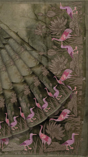 Olive Green Kora Saree with Designer Border