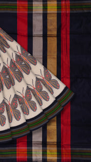 Ikkat Silk Saree with Cream Base and Navy Contrast Border