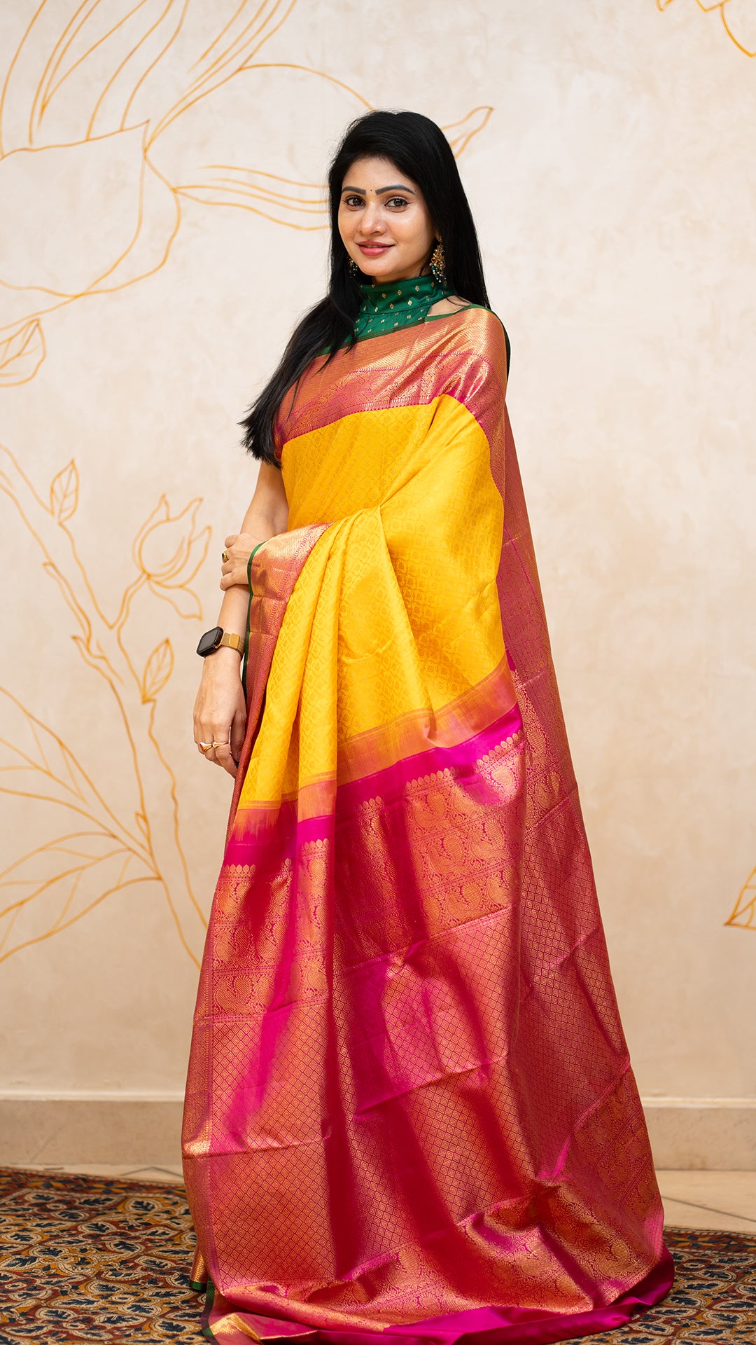 Yellow Kanchi Pattu Saree with Pink Zari Contrast Border